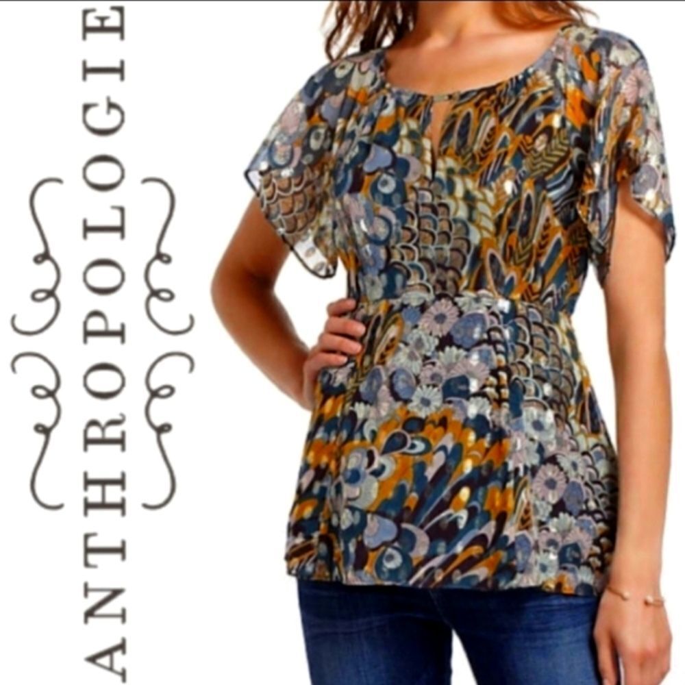 ANTHROPOLOGIE HD IN PARIS SILK EYELET METALLIC SHINY FEATHER PEACOCK BLOUSE SZ 4